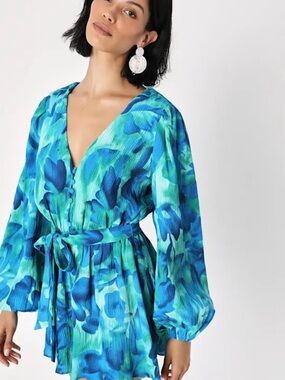 Lulus Blue & Teal Floral Long-Sleeve Romper